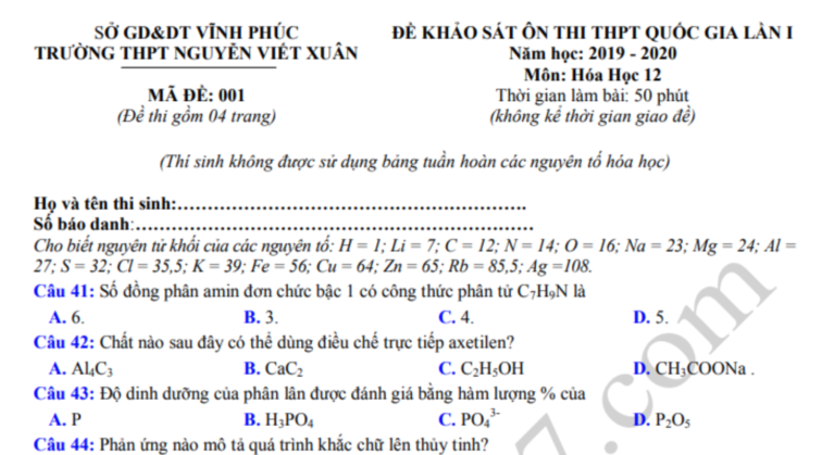 Đáp án – Đề thi thử THPTQG môn Hóa 2020 lần 1 – THPT Nguyễn Viết Xuân