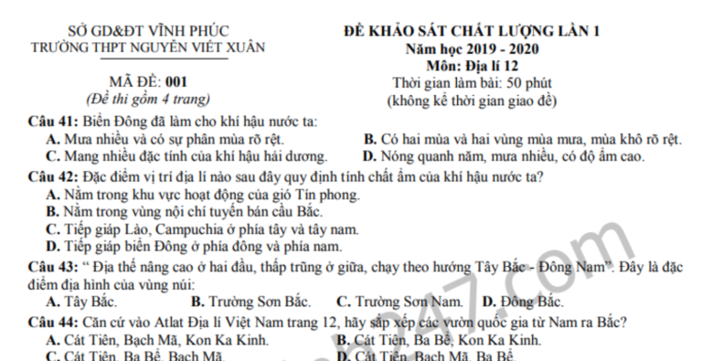 Đáp án – Đề thi thử môn Địa THPTQG 2020 – THPT Nguyễn Viết Xuân lần 1