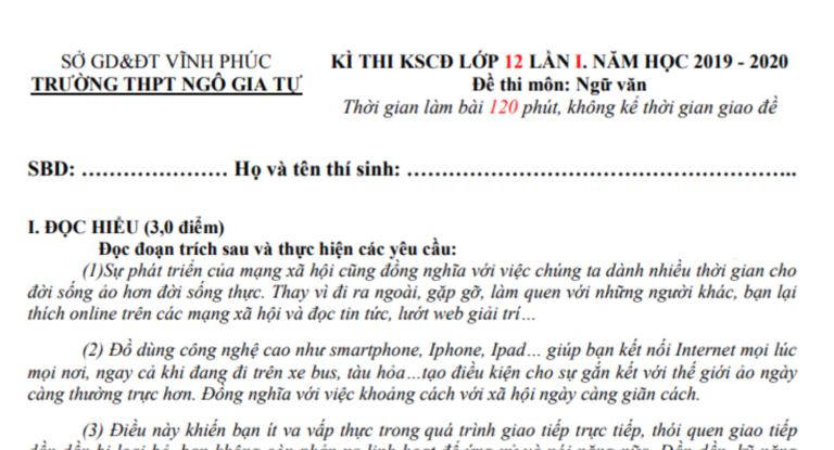 Đề thi thử THPT Quốc gia môn Văn 2020 – THPT Ngô Gia Tự lần 1