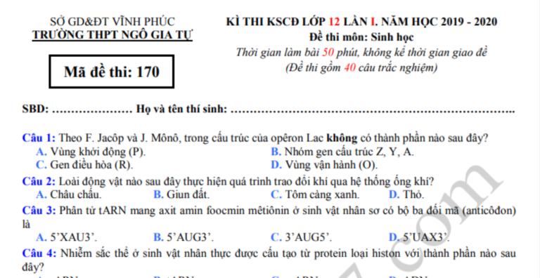 Đáp án – Đề thi thử THPT Quốc gia môn Sinh THPT Ngô Gia Tự 2020 lần 1