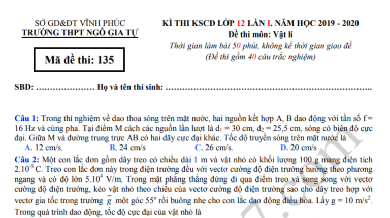 Đáp án – Đề thi thử THPTQG môn Lý lần 1 – THPT Ngô Gia Tự 2020