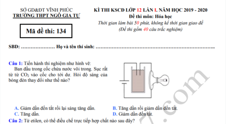 Đáp án – Đề thi thử THPTQG môn Hóa 2020 – THPT Ngô Gia Tự lần 1