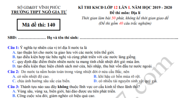 Đáp án – Đề thi thử THPT Quốc gia môn Địa lần 1 THPT Ngô Gia Tự 2020