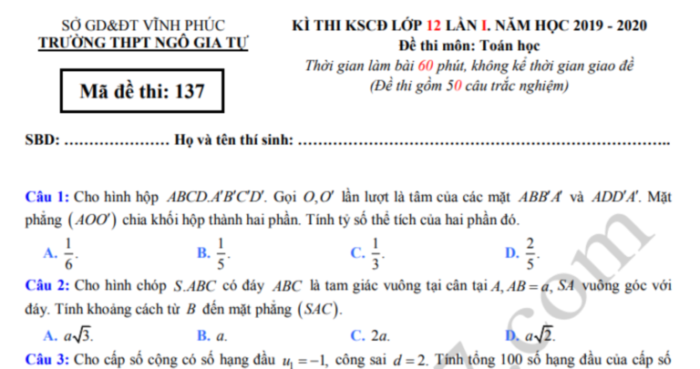 Đề thi thử môn Toán THPTQG 2020 – THPT Ngô Gia Tự lần 1