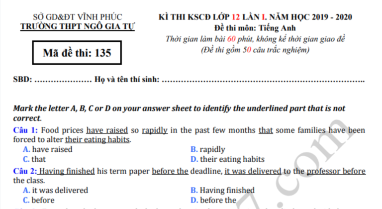Đề thi thử THPTQG môn Anh 2020 – THPT Ngô Gia Tự lần 1