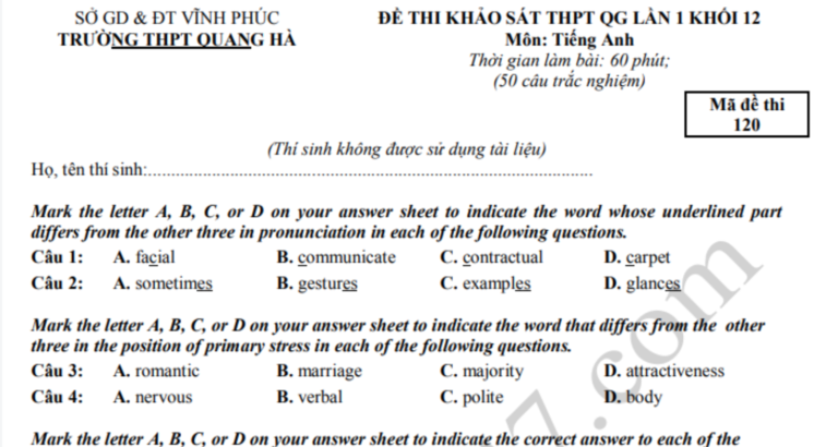 Đáp án – Đề thi thử THPT QG môn Anh – THPT Quang Hà lần 1 năm 2020