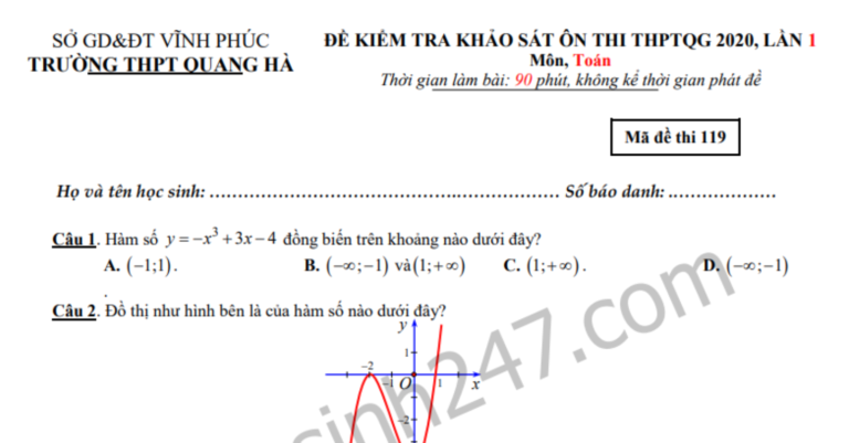 Đáp án – Đề thi thử THPT Quốc gia môn Toán 2020 lần 1 – THPT Quang Hà