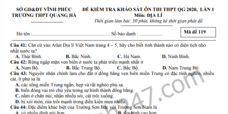 Đáp án – Đề thi thử THPTQG môn Địa 2020 – THPT Quang Hà lần 1