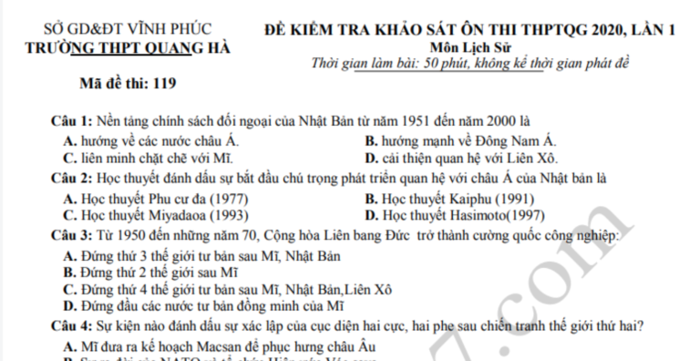 Đáp án – Đề thi thử THPTQG môn Sử 2020 THPT Quang Hà lần 1