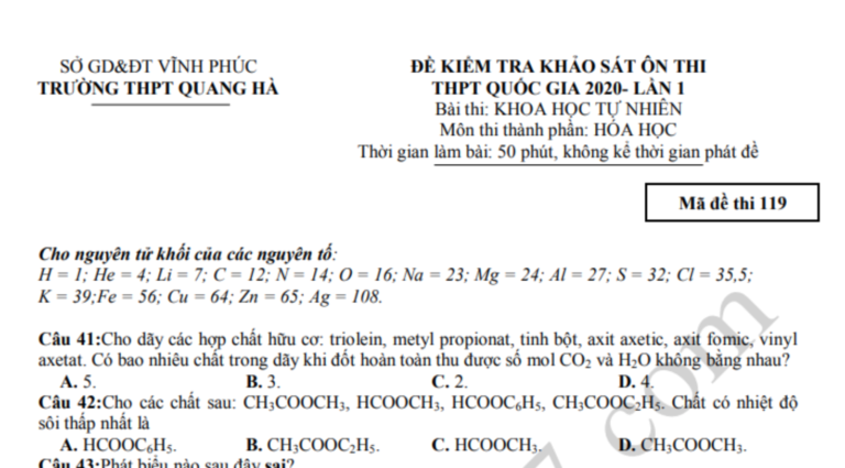 Đáp án – Đề thi thử THPTQG môn Hóa học THPT Quang Hà 2020 lần 1