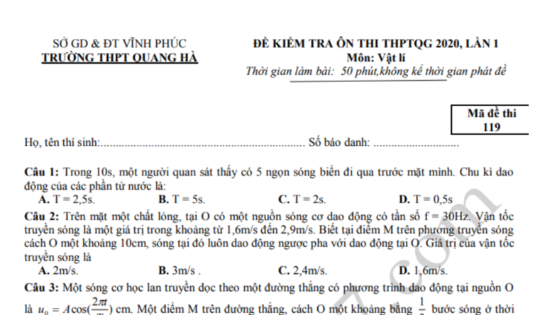 Đáp án – Đề thi thử THPTQG môn Lý 2020 – THPT Quang Hà lần 1