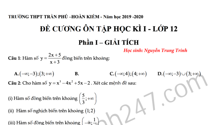 Đề cương ôn tập kì 1 lớp 12 môn Toán THPT Trần Phú 2019