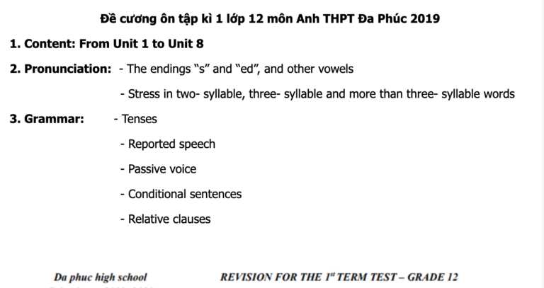 Đề cương ôn tập kì 1 lớp 12 môn Anh THPT Đa Phúc 2019