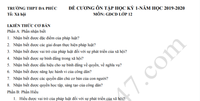 Đề cương ôn tập kì 1 lớp 12 môn GDCD 2019 – THPT Đa Phúc