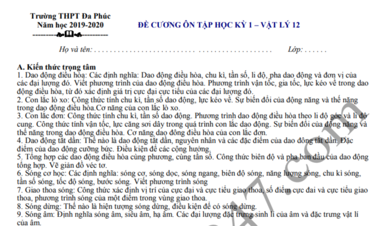 Đề cương ôn tập lớp 12 kì 1 môn Lý – THPT Đa Phúc 2019