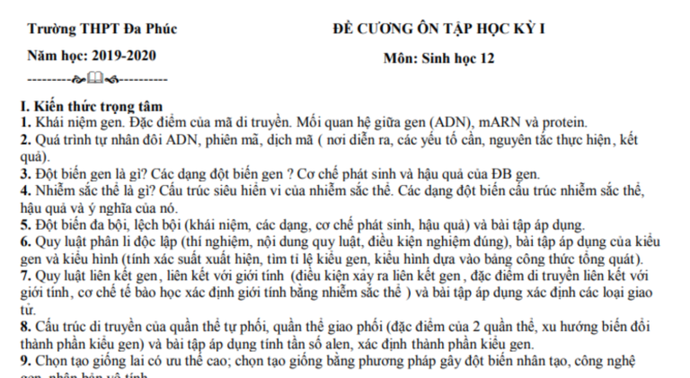 Đề cương ôn tập kì 1 lớp 12 môn Sinh – THPT Đa Phúc 2019