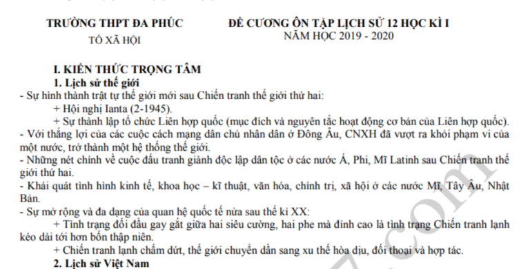 Đề cương ôn tập kì 1 lớp 12 môn Sử 2019 – THPT Đa Phúc