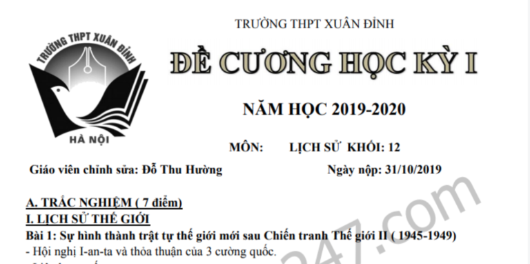 Đề cương ôn tập kì 1 lớp 12 môn Sử THPT Xuân Đỉnh 2019