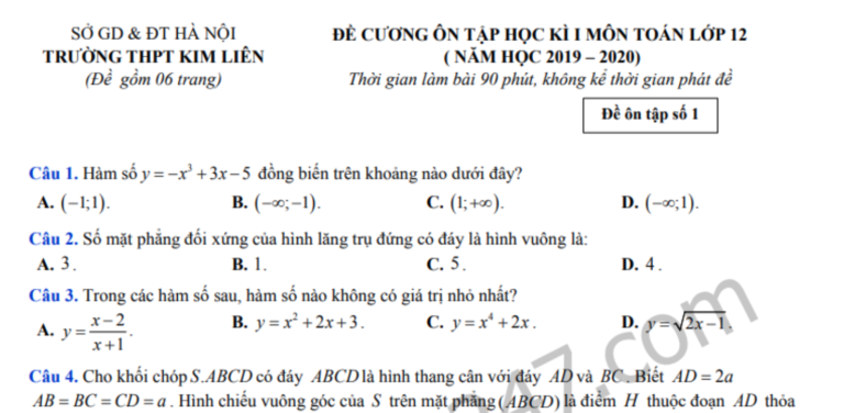 Đề cương ôn tập học kì 1 môn Toán lớp 12 năm 2019 – THPT Kim Liên