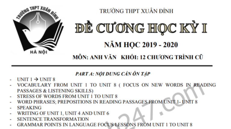 Đề cương ôn tập học kì 1 môn Anh lớp 12 năm 2019 – THPT Xuân Đỉnh