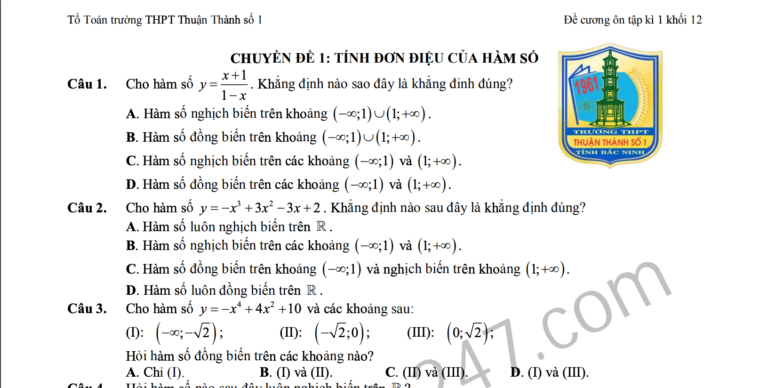 Đề cương ôn tập kì 1 lớp 12 môn Toán 2019 – THPT Thuận Thành số 1