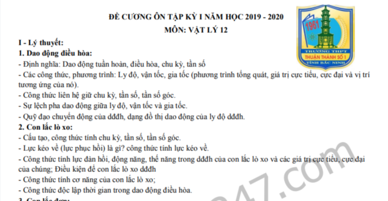 Đề cương ôn tập môn Lý lớp 12 kì 1 năm 2019 – THPT Thuận Thành 1