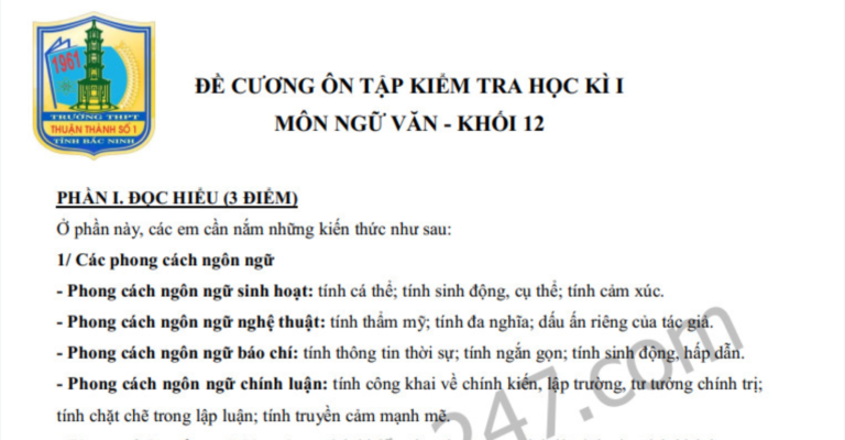 Đề cương cuối kì 1 lớp 12 môn Văn – THPT Thuận Thành 2019