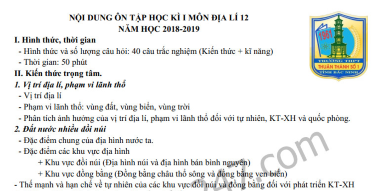 Đề cương lớp 12 môn Địa lý học kì 1 năm 2019 THPT Thuận Thành