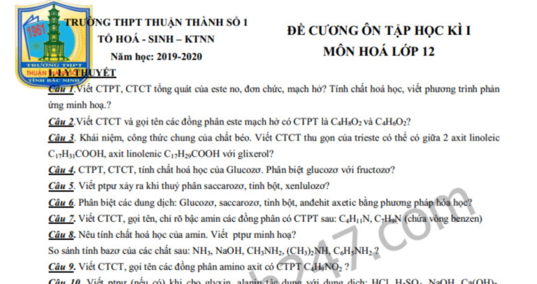 Đề cương cuối kì 1 môn Hóa lớp 12 năm 2019 THPT Thuận Thành