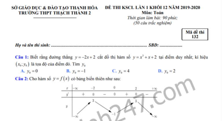 Đề thi thử THPTQG môn Toán 2020 – THPT Thạch Thành 2 lần 1