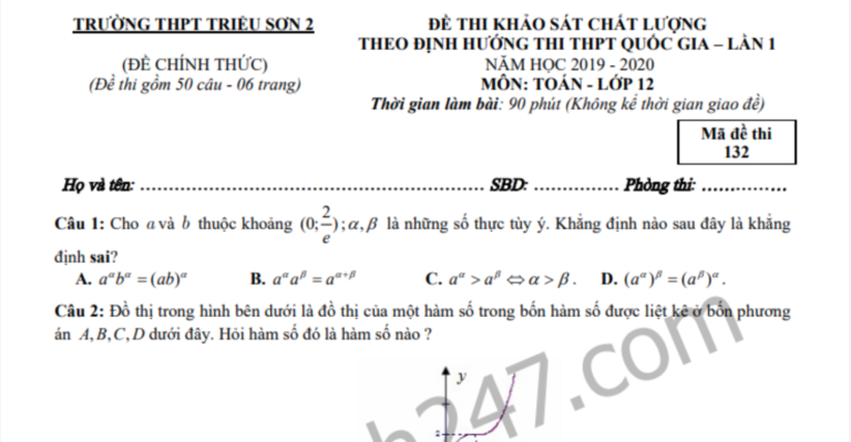 Đề thi thử THPT Quốc gia 2020 môn Toán lần 1 – THPT Triệu Sơn 2