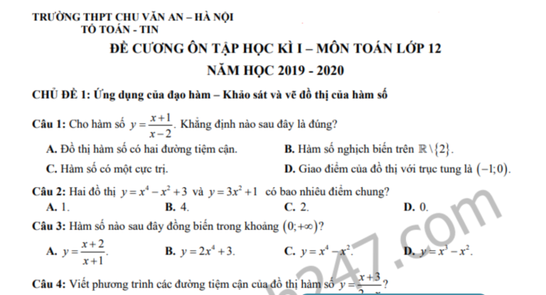 Đề cương ôn tập kì 1 lớp 12 năm 2019 môn Toán THPT Chu Văn An