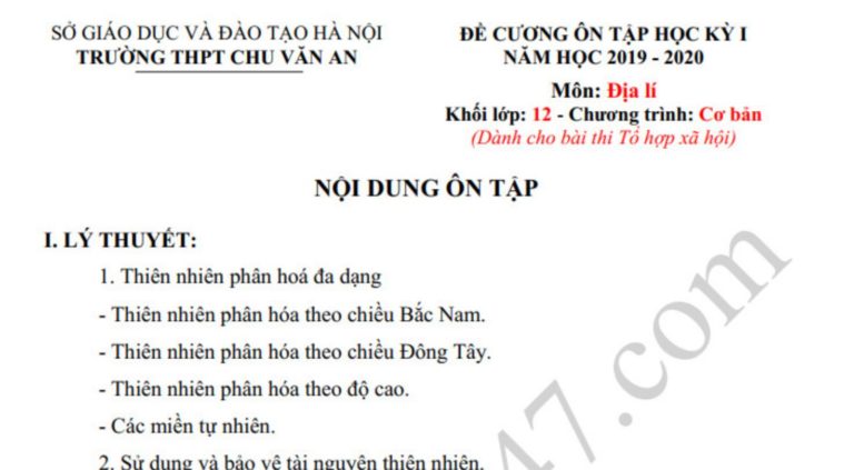 Đề cương học kì 1 lớp 12 môn Địa (cơ bản) THPT Chu Văn An 2019