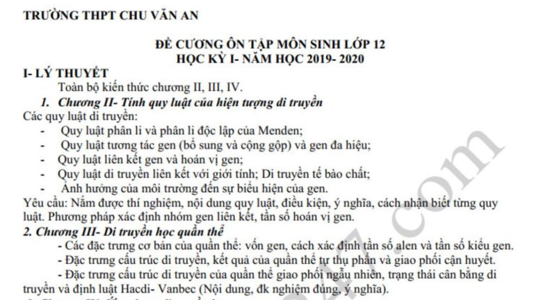 Đề cương Sinh kì 1 lớp 12 THPT Chu Văn An 2019