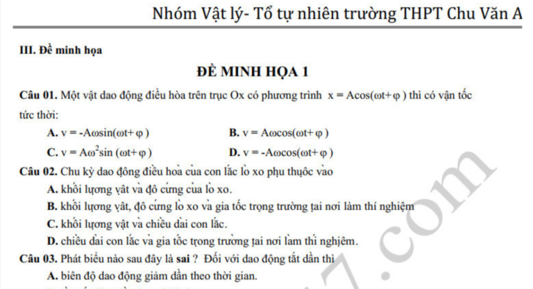 Đề cương ôn thi môn Vật Lý kì 1 lớp 12 THPT Chu Văn An 2019