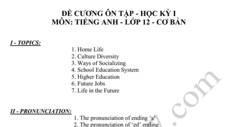 Đề cương kì 1 môn Anh lớp 12 – THPT Chu Văn An 2019