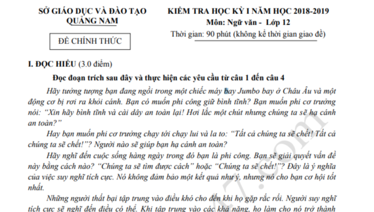 Đáp án – Đề thi kì 1 lớp 12 môn Văn 2019 – Sở GD Quảng Nam