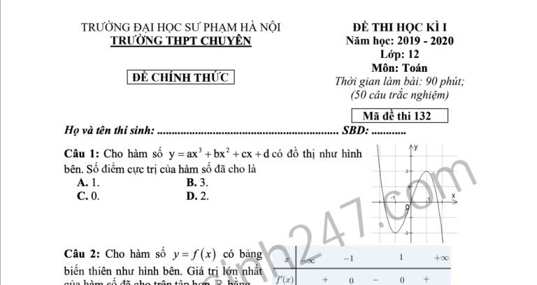 Đáp án – đề thi kì 1 môn Toán lớp 12 THPT Chuyên Sư phạm Hà Nội 2019 – 2020