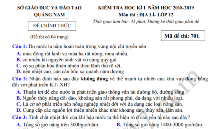 Đề thi kì 1 lớp 12 môn Địa 2019 – Sở GD Quảng Nam