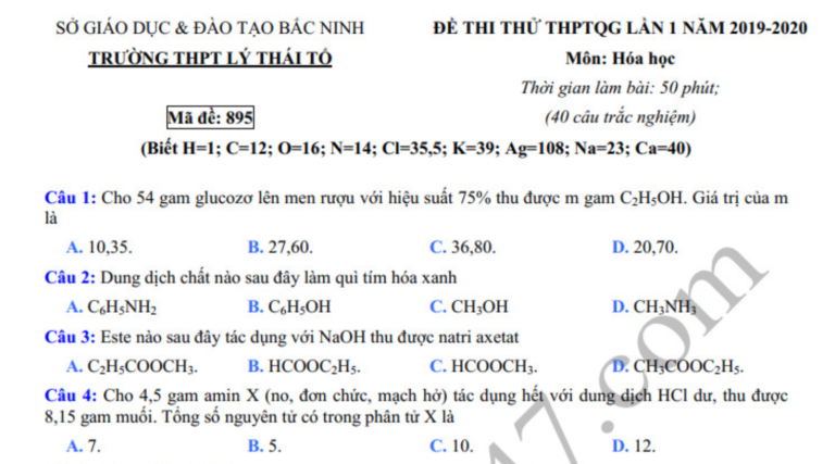 Đề thi thử môn Hóa THPTQG lần 1 năm 2020 THPT Lý Thái Tổ