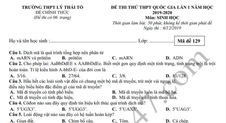 Đáp án – đề thi thử THPT Quốc gia 2020 môn Sinh THPT Lý Thái Tổ lần 1