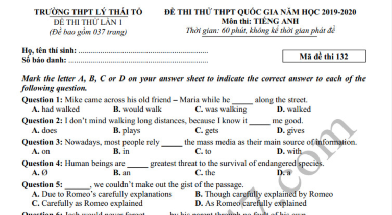 Đáp án – đề thi thử THPT Quốc gia 2020 môn Anh THPT Lý Thái Tổ lần 1
