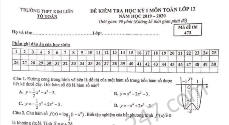 Đề thi kì 1 lớp 12 môn Toán THPT Kim Liên 2019 – 2020