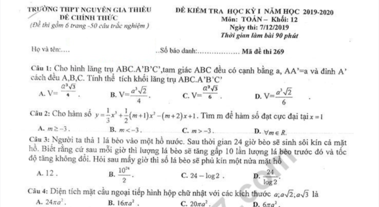 Đề thi học kì 1 lớp 12 môn Toán THPT Nguyễn Gia Thiều 2019