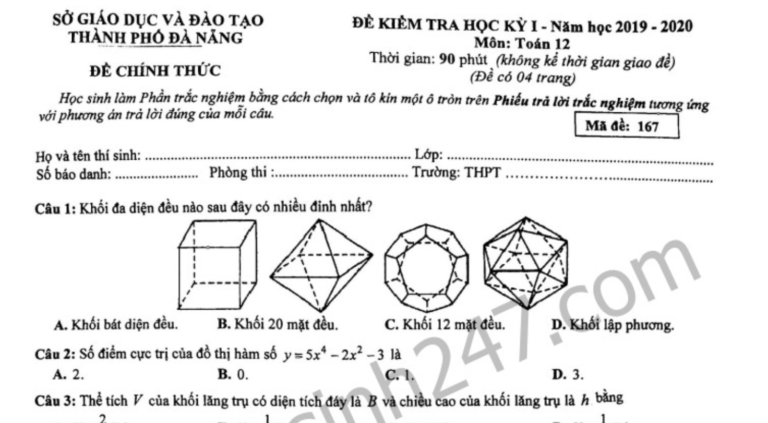 Đề thi học kỳ 1 môn Toán lớp 12 Sở GD&ĐT Đà Nẵng năm 2019