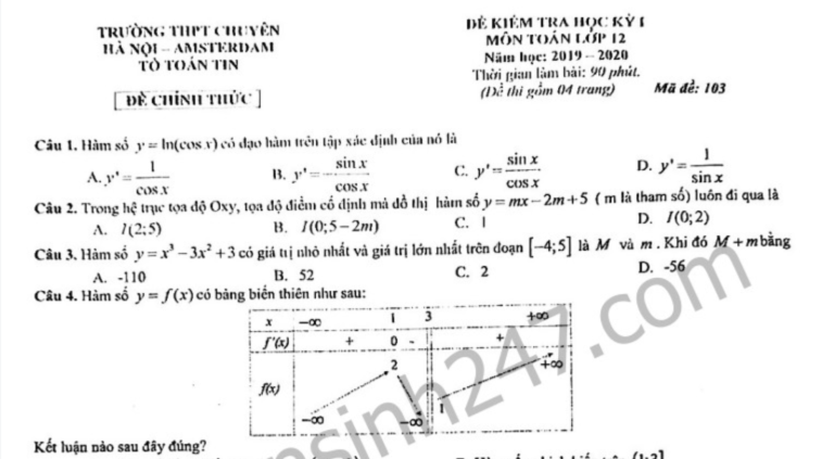 Đề thi kì 1 Toán lớp 12 THPT Chuyên Hà Nội – Amsterdam 2019