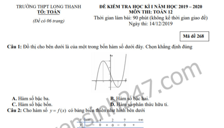 Đề thi học kì 1 môn Toán lớp 12 năm 2019 THPT Long Thạnh