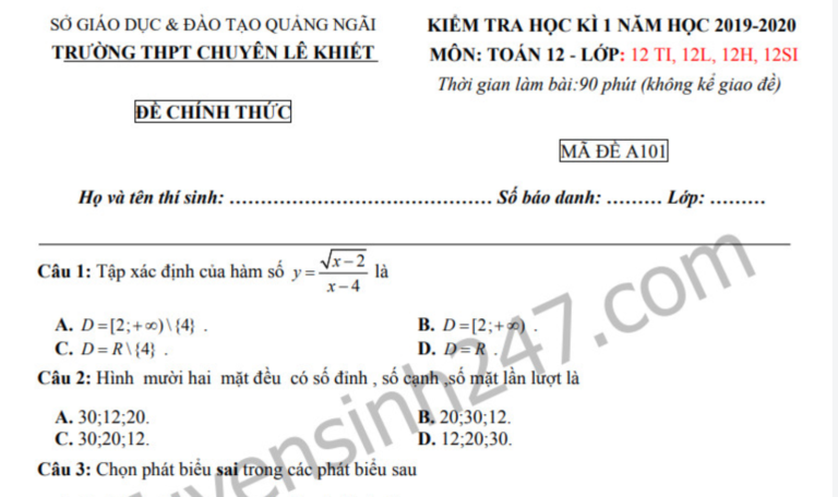 Đề thi kì 1 môn Toán 12 năm 2019 THPT Chuyên Lê Khiết