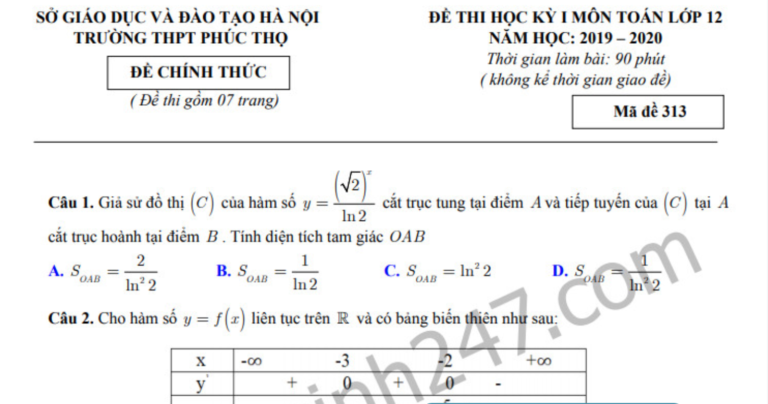 Đề thi học kỳ 1 môn Toán 12 trường THPT Phúc Thọ năm 2019