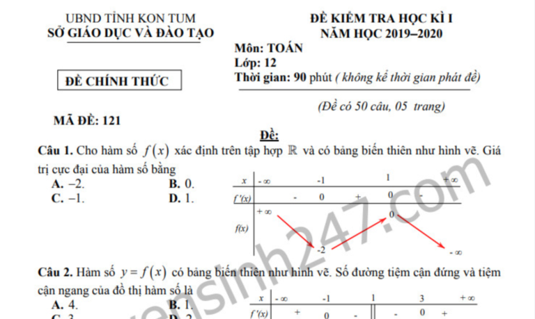 Đề thi học kì 1 môn Toán 12 năm học 2019 Sở GD&ĐT Kon Tum